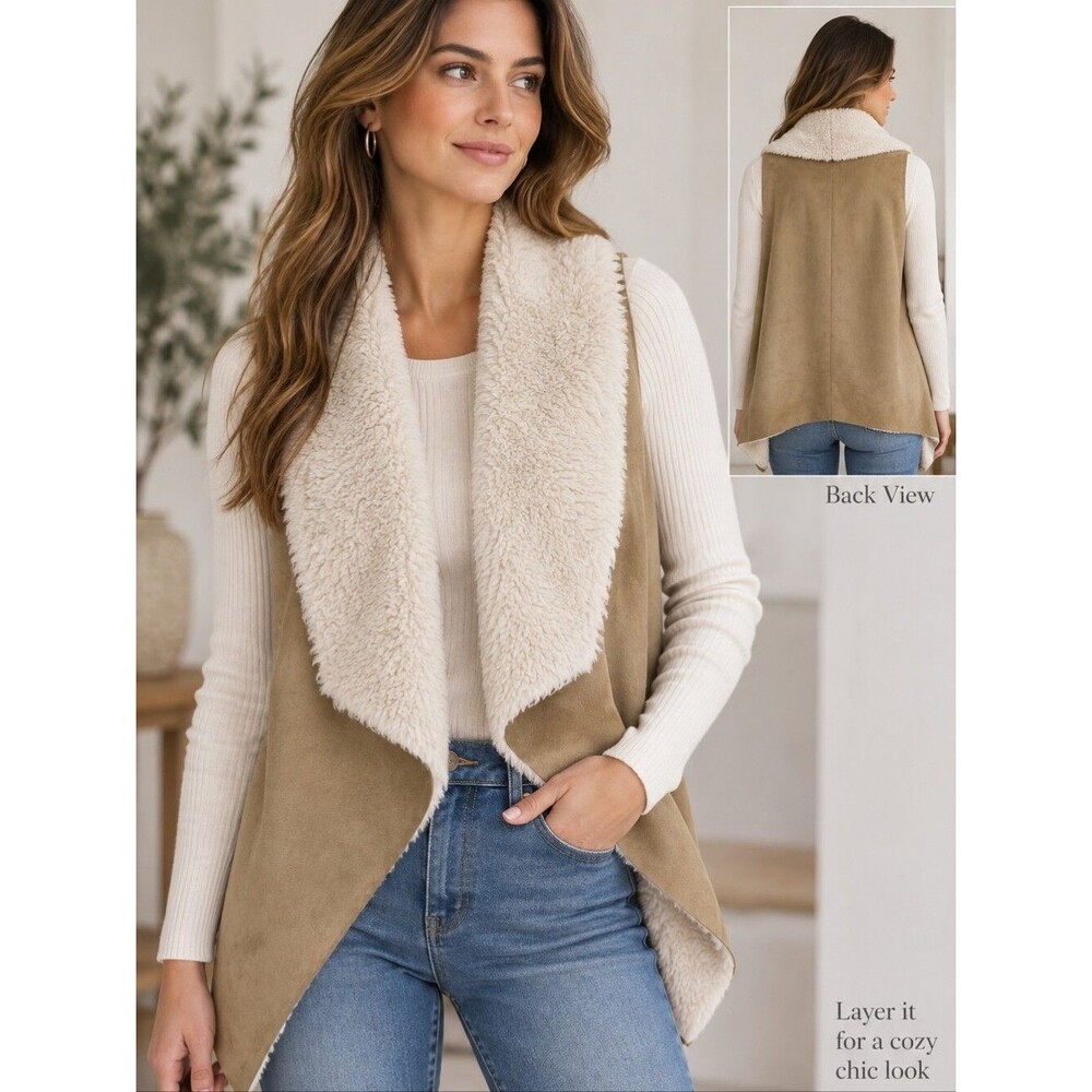 EUC Bass Women's faux fur open vest like new, tan warm